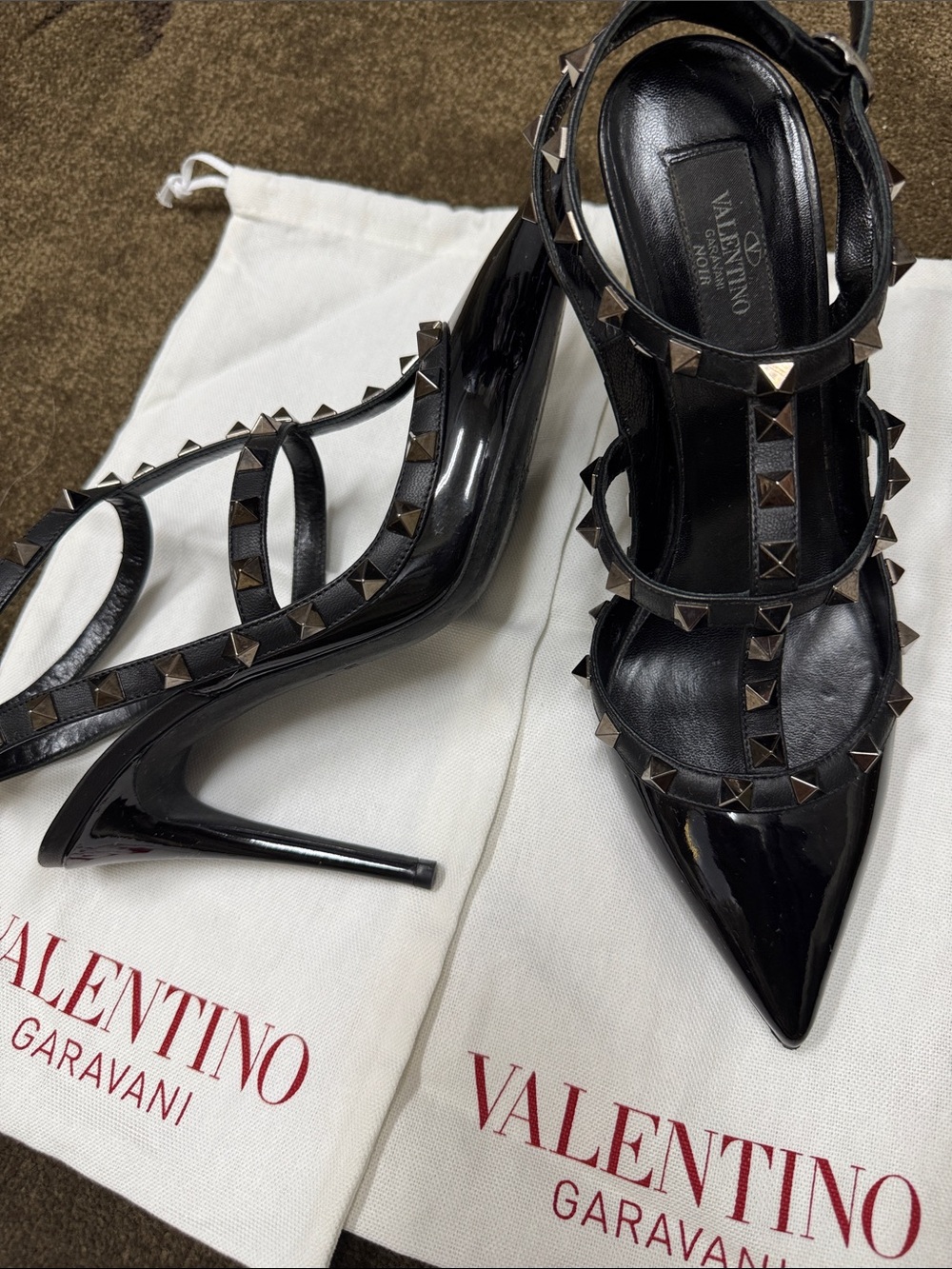 Valentino Garavani Black Patent Rockstud Strappy Pumps